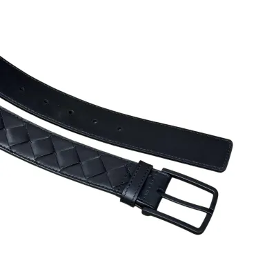 Bottega Veneta Men's Square Buckle Intrecciato Belt In Black/Coffee/Blue/Grey Calfskin With Black Hardware 35mm