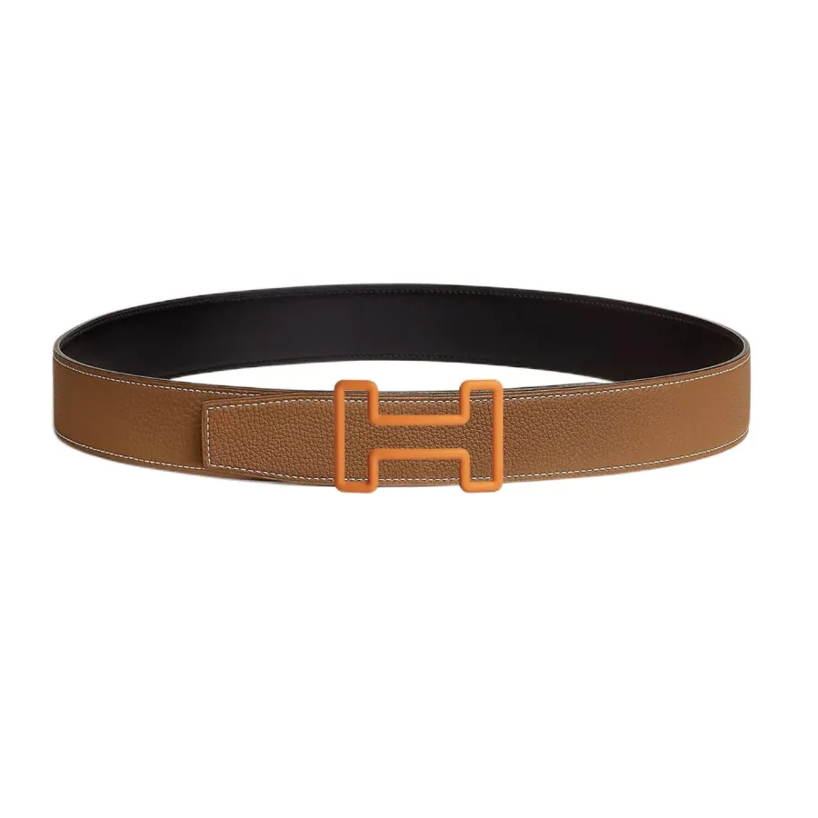Hermès Men' s Tonight Color H Buckle Reversible Belt In Black/Brown/Coffee Calfskin With Orange Hardware 38mm