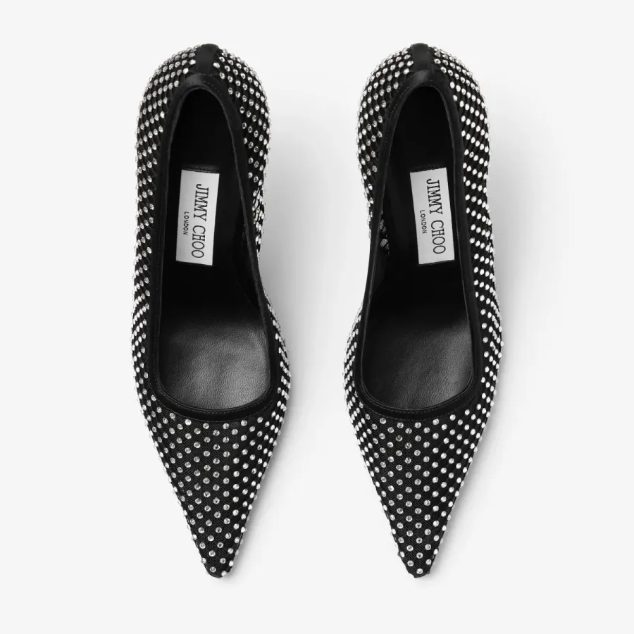 JIMMY CHOO Crystal mesh stitched black satin heels