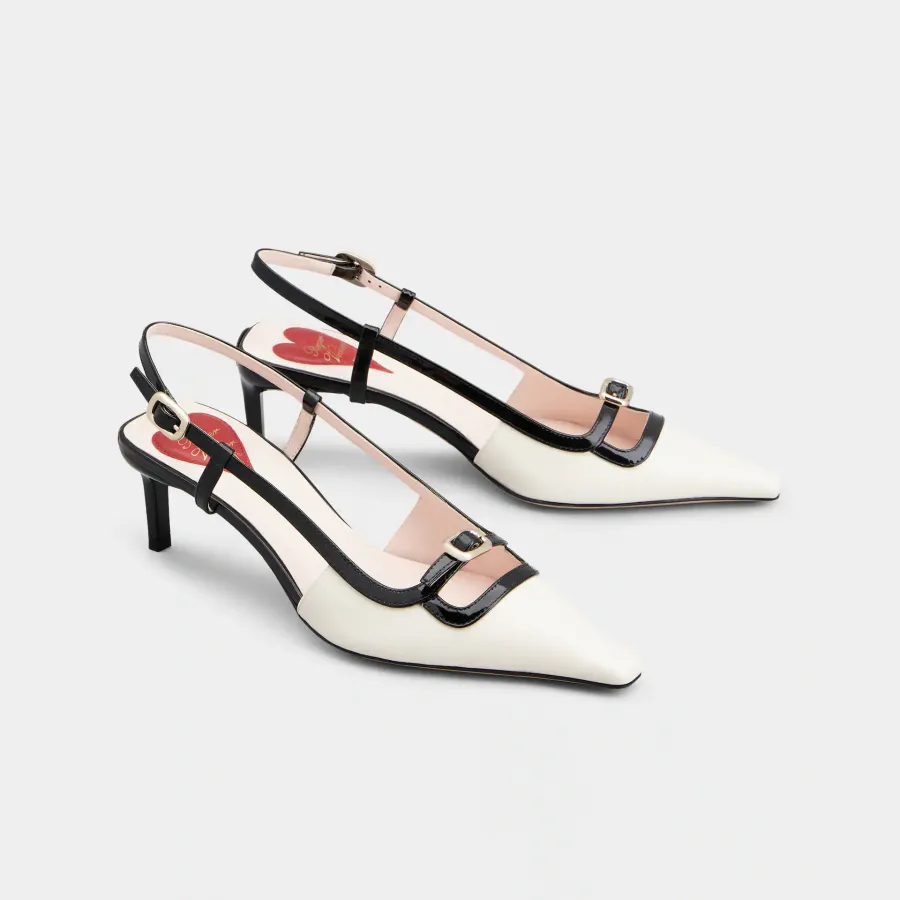 Roger Vivier Viv' Canard Slingback Pumps High Heels In Black/White Leather With Metal Buckle (Heel Height 5.5cm)