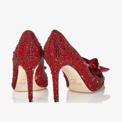 JIMMY CHOO Red crystal hot diamond leather pointed heels