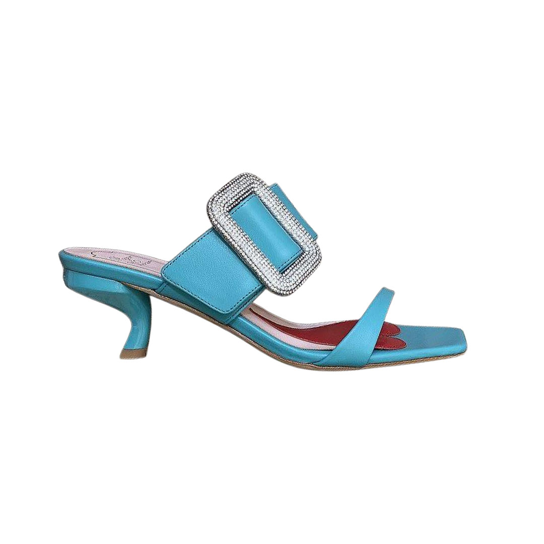 Roger Vivier Viv' Rangers Mules Sandálias Em Couro Branco/Preto/Azul Com Fivela De Cristal (Altura Do Salto 5,5cm)