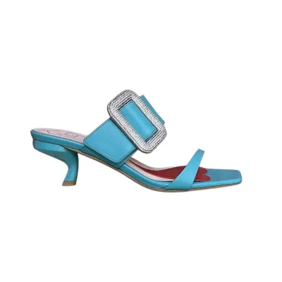Roger Vivier Viv' Rangers Mules Sandals In White/Black/Blue Leather With Crystal Buckle (Heel Height 5.5cm)