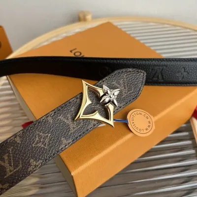 Louis Vuitton Women's Flowergram Reversible Belt In Black/Brown/Beige/White Calfskin And Monogram Canvas With Gold/Silver Hardware 30mm