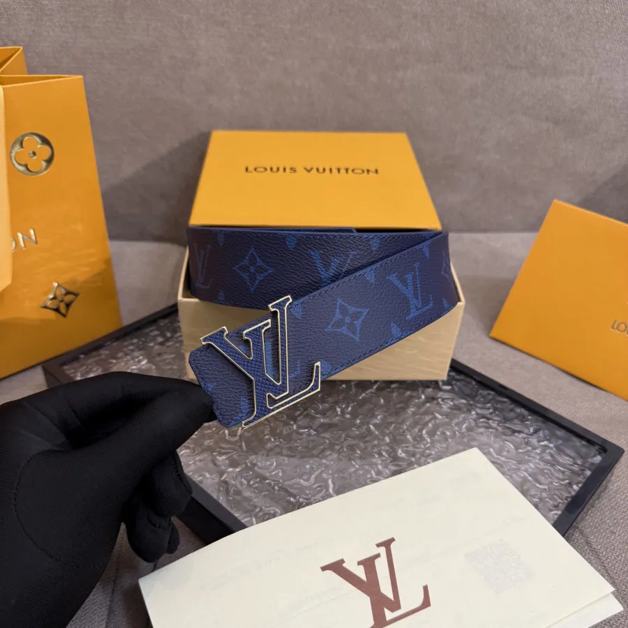 Louis Vuitton Men's LV Buckle Belt In Blue Monogram Canvas With Black/Gold/Silver Hardware 40mm