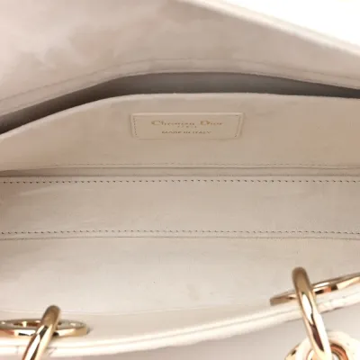 Dior Medium Lady D-Joy White Ornamental Embroidered Calfskin Leather Gold Hardware