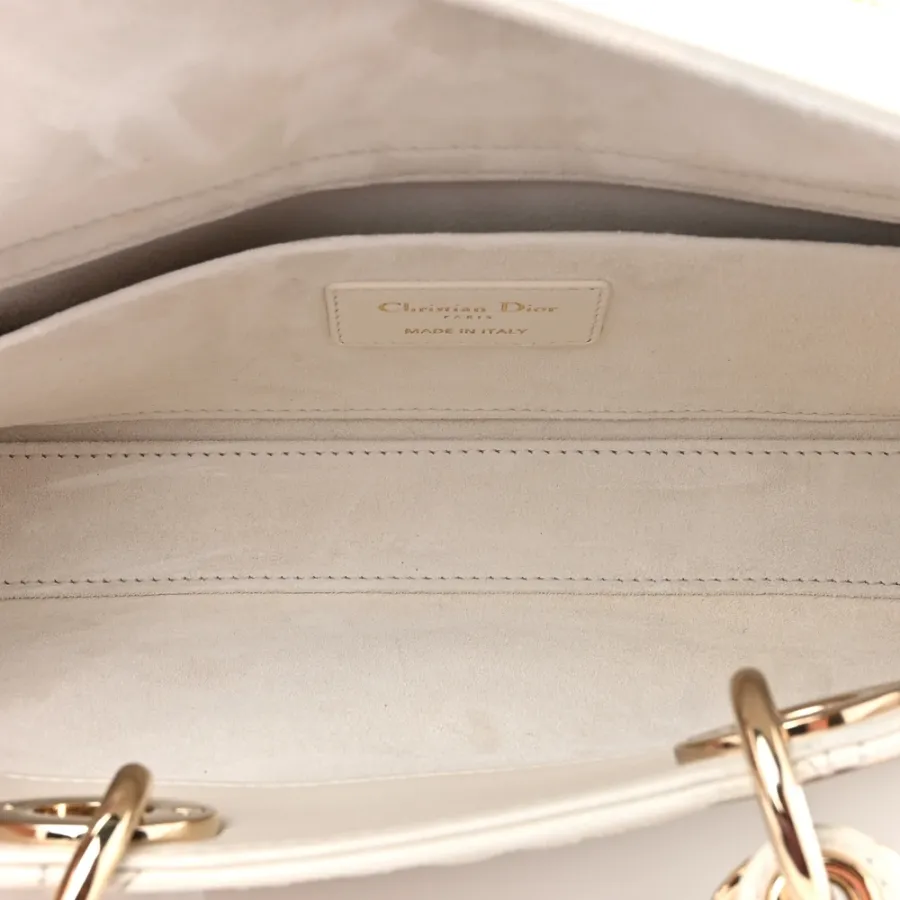 Dior Medium Lady D-Joy White Ornamental Embroidered Calfskin Leather Gold Hardware