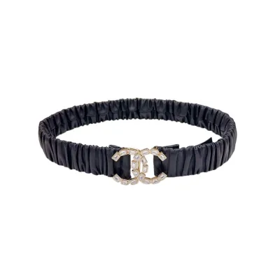 Chanel Women's CC Crystal Buckle Elastic Belt In Champagne Gold/Beige/Black/Red/Silver/Ivory/White Lambskin With Gold/Silver Hardware 30mm