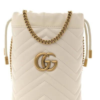 Gucci Mini GG Marmont 2.0 Bucket Bag White Calfskin Matelassé Leather Aged Gold Hardware