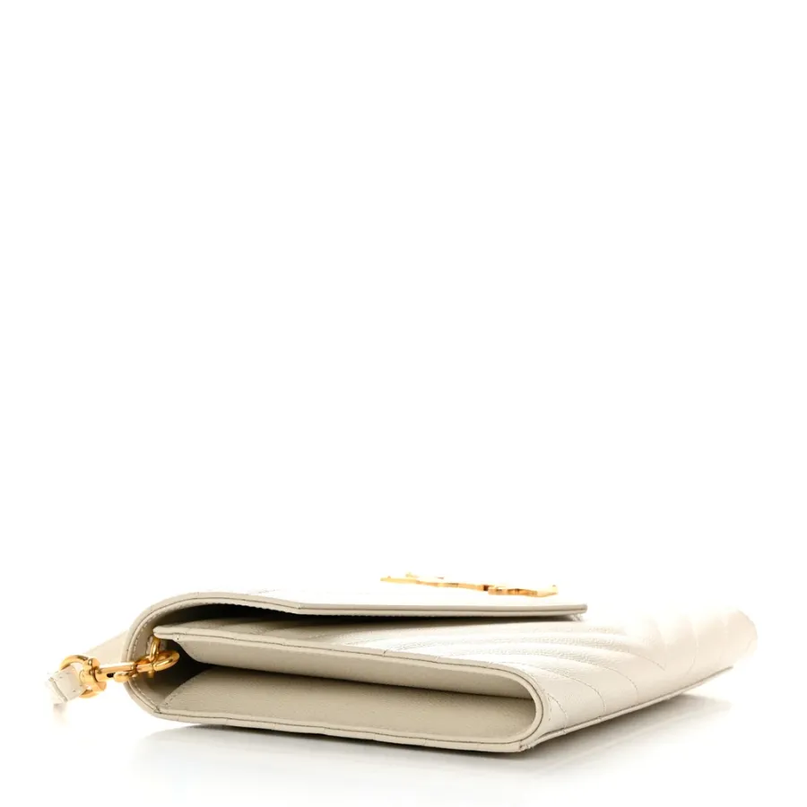 Saint Laurent Medium Envelope Clutch Blanc Vintage Chevron Monogram Grain De Poudre Matelasse Leather Gold Hardware