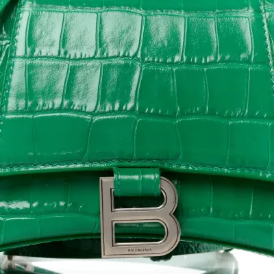 Balenciaga Small Hourglass Top Handle Bag Leaf Green Crocodile Embossed Shiny Calfskin Leather Silver Hardware