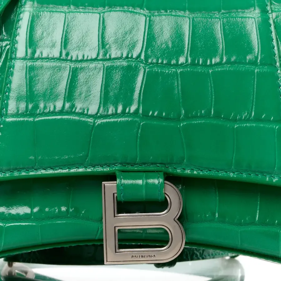 Balenciaga Small Hourglass Top Handle Bag Leaf Green Crocodile Embossed Shiny Calfskin Leather Silver Hardware