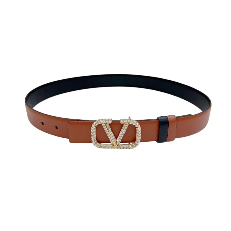 Valentino V Buckle With Crystal Belt In Black/Blue/Pink/Brown/White Calfskin With Gold Hardware 30mm