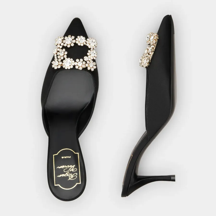 Roger Vivier Efflorescence Mules High Heels In Black Satin With Crystal Buckle (Heel Height 6.5cm)