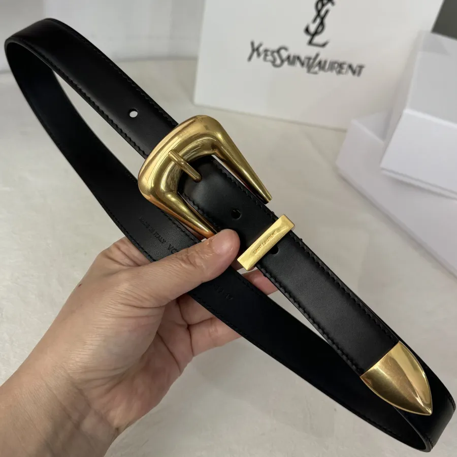 Saint Laurent Folk Buckle Belt In Black Brushed Leather With Gold/Silver Hardware 25mm