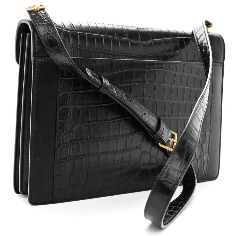 Saint Laurent Medium Gaby Satchel Black Embossed Calfskin & Crocodile Leather Aged Gold Hardware