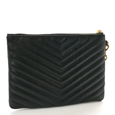 Saint Laurent Medium A5 Wristlet Black Chevron Monogram Calfskin Matelasse Leather Gold Hardware