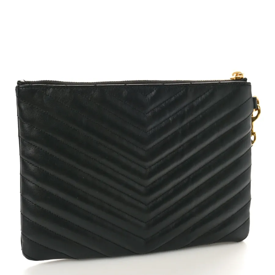 Saint Laurent Medium A5 Wristlet Black Chevron Monogram Calfskin Matelasse Leather Gold Hardware
