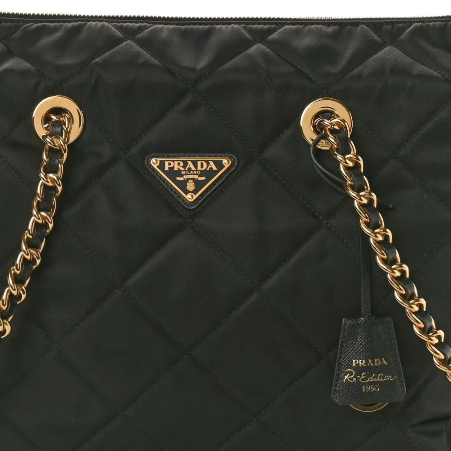 Prada Large Impuntu Triangle Stitched Re-Edition 1995 Chaine Shoulder Bag Black Re-Nylon & Saffiano Leather