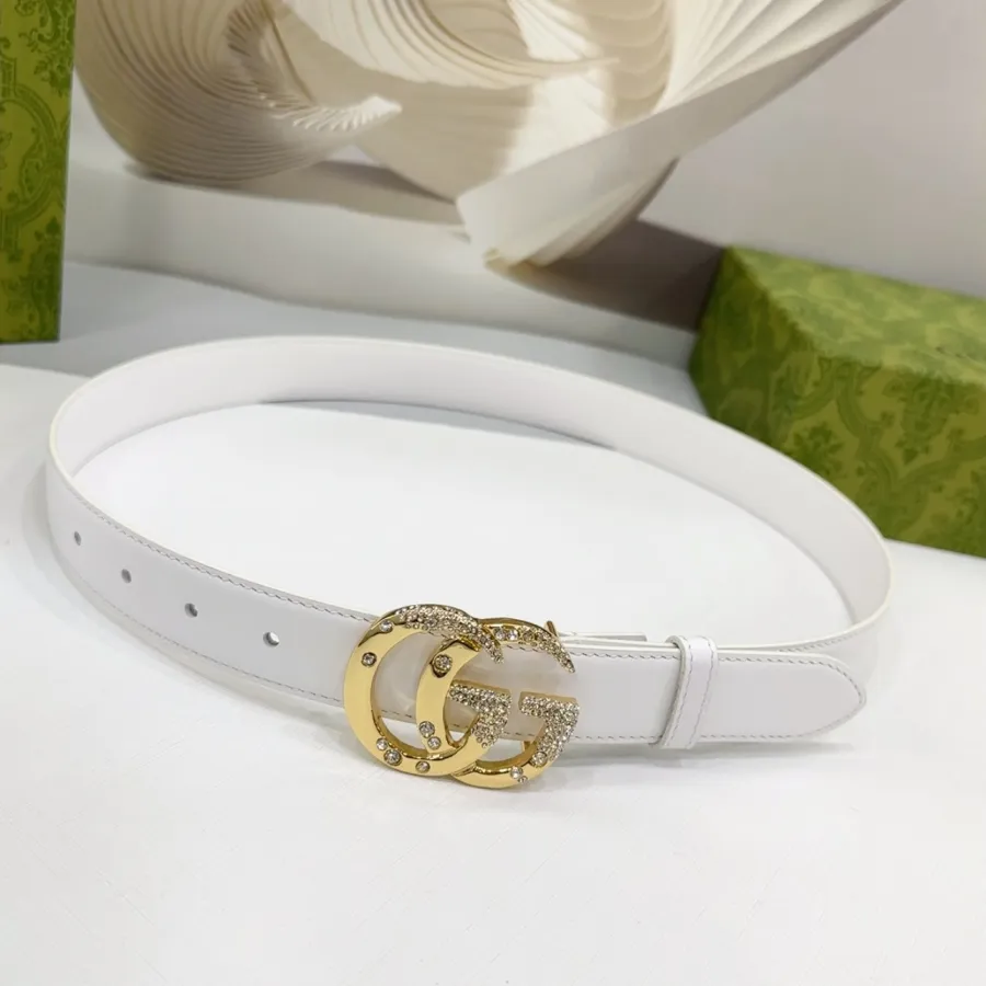 Gucci Women's GG Buckle With Beading Marmont Thin Belt In Black/White/Brown/Silver Smooth Calfskin With Gold/Silver Hardware 30mm