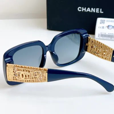 CHANEL square frame glasses blue gold color size 54-20-140