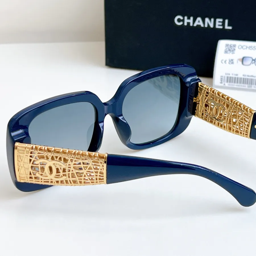 CHANEL square frame glasses blue gold color size 54-20-140
