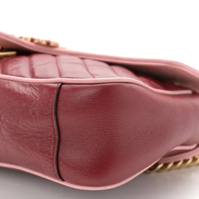 Gucci Small Diagonal Torchon GG Marmont Shoulder Bag New Cherry Red / Wild Rose Azalea Enamel Calfskin Matelassé Leather Gold Hardware