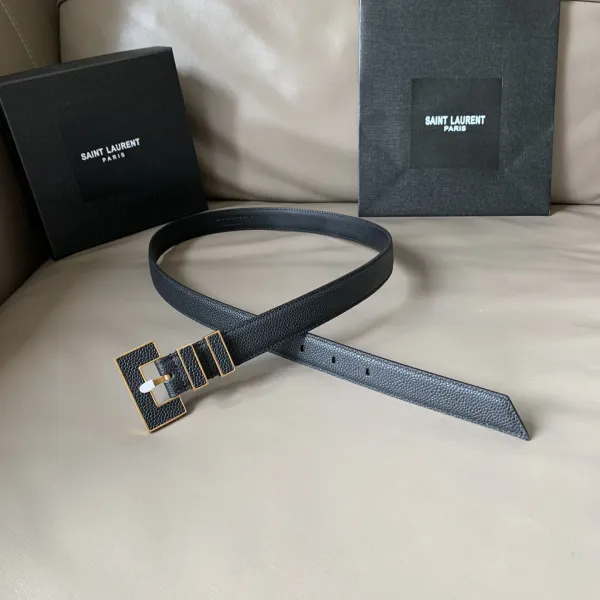 Saint Laurent Carre Rive Gauche Double-Loop Belt In Black Calfskin With Gold/Silver Hardware 25mm - Image 9