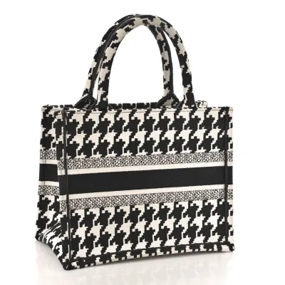 Dior Small Book Tote Black/White Houndstooth Embroidered Canvas