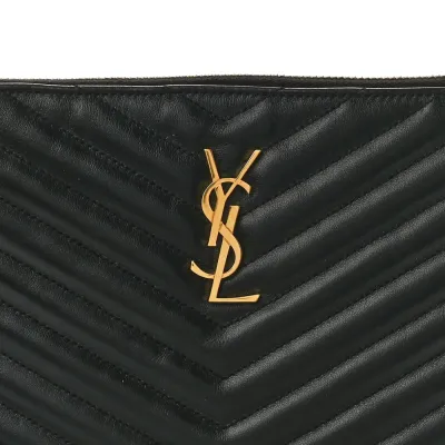 Saint Laurent Medium A5 Wristlet Black Chevron Monogram Calfskin Matelasse Leather Gold Hardware