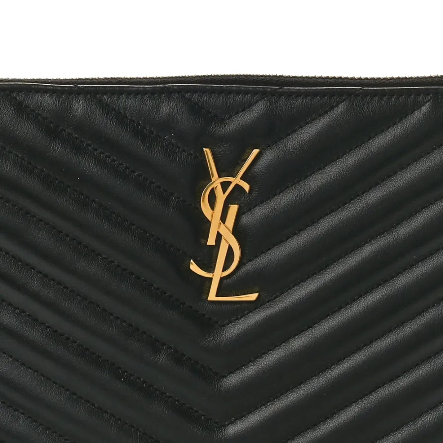 Saint Laurent Medium A5 Wristlet Black Chevron Monogram Calfskin Matelasse Leather Gold Hardware