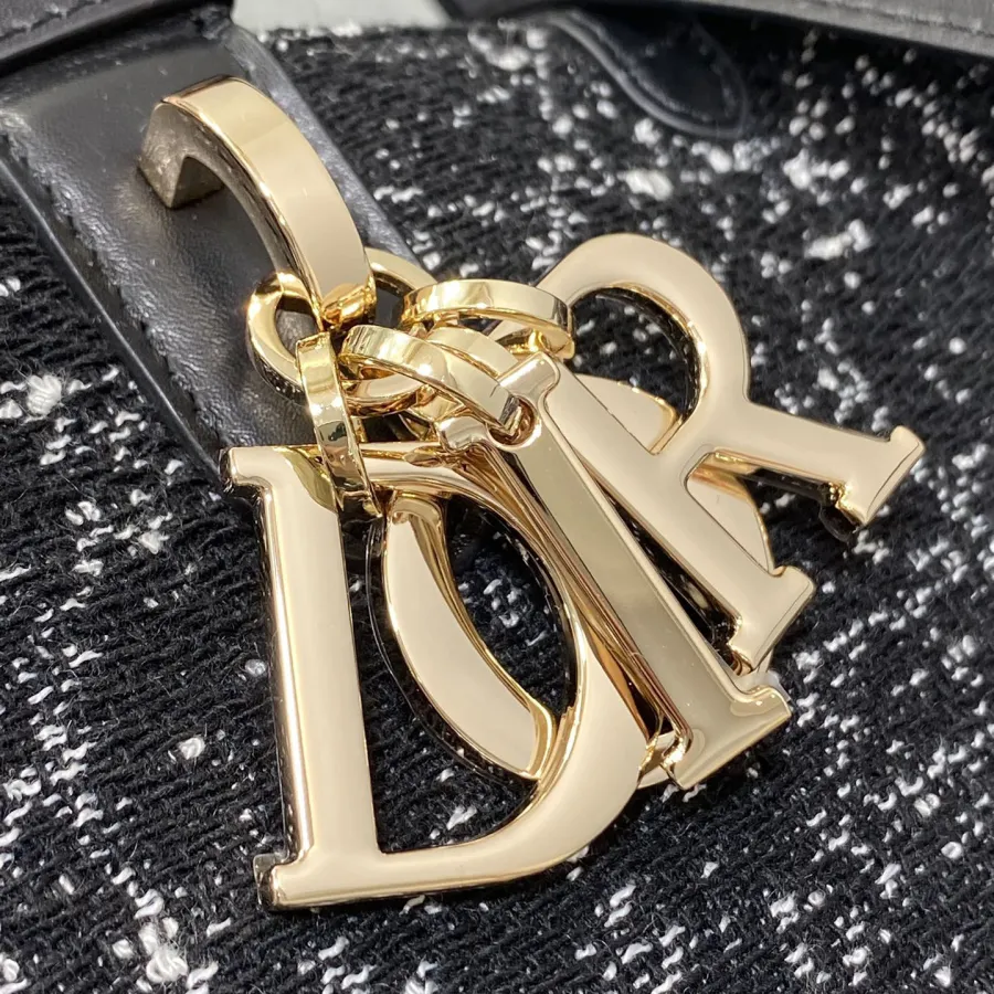 Dior Medium Dior Toujours Bag In Black Tweed with White Cannage Motif With Gold Hardware