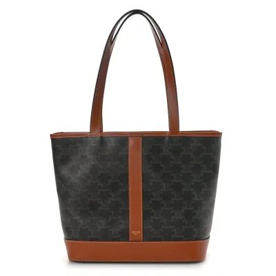 Celine Small Cabas Bag Tan Triomphe Canvas & Calfskin Leather Gold Hardware