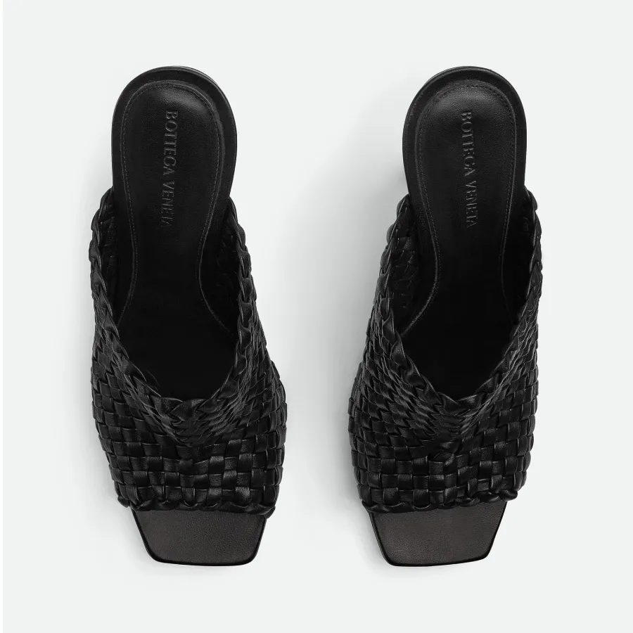 Bottega Veneta Knot Mule In Black Intrecciato Leather Mule With Gold Finished Metal Knot Heel (Heel Height 9cm)