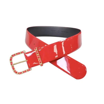 Chanel Women's Chain Buckle Belt In Red/Black Patent Calfskin With Gold Hardware 50mm