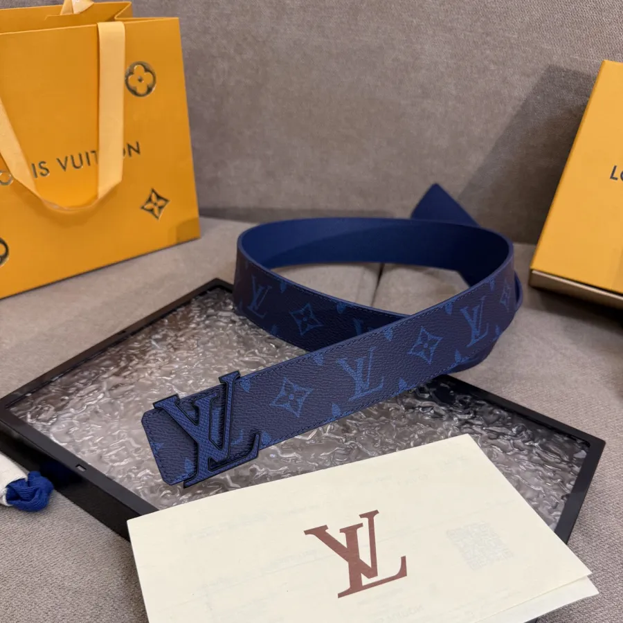 Louis Vuitton Men's LV Buckle Belt In Blue Monogram Canvas With Black/Gold/Silver Hardware 40mm