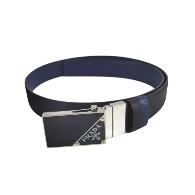 Prada Men' s Square Buckle Belt In Black/Brown/Blue/White Saffiano Calfskin With Silver Hardware 35mm