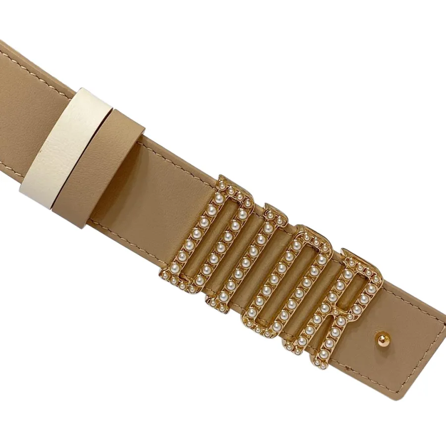 Dior Women' s D-Fence With Pearls Belt In Khaki/White/Brown/Black Calfskin With Gold/Silver Hardware 30mm