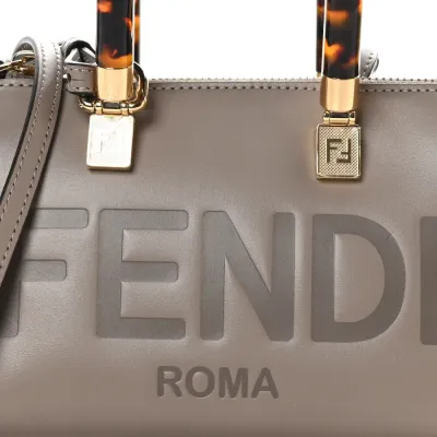 Fendi Mini Logo Embossed By The Way Top Handle Boston Bag Dark Grey King Vitello Leather & Plexiglass Gold Hardware