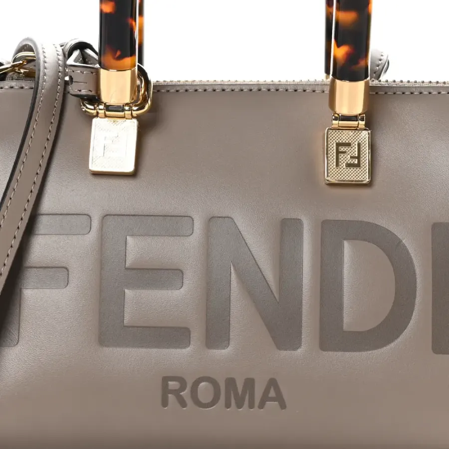 Fendi Mini Logo Embossed By The Way Top Handle Boston Bag Dark Grey King Vitello Leather & Plexiglass Gold Hardware