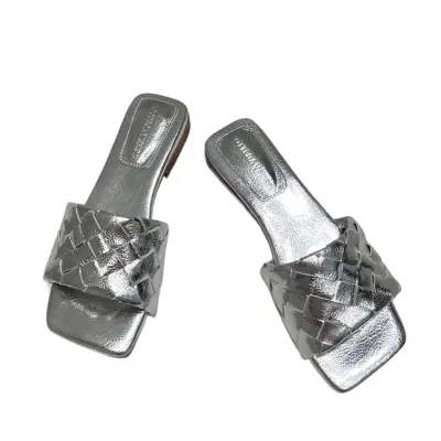 Bottega Veneta Parco Mule In Silver/Gold Intrecciato Leather Flat Mule Sandal