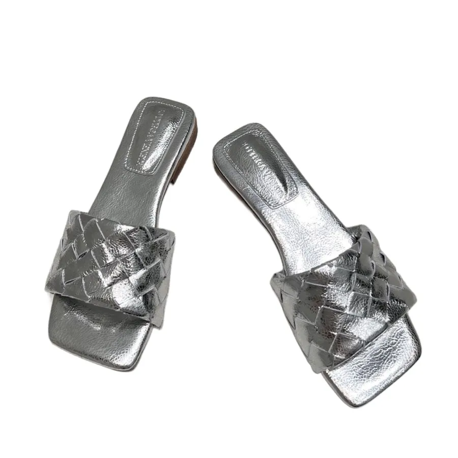 Bottega Veneta Parco Mule In Silver/Gold Intrecciato Leather Flat Mule Sandal
