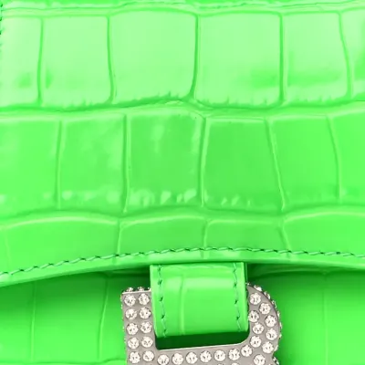 Balenciaga XS Hourglass Top Handle Bag Fluo Green Strass Crocodile Embossed Shiny Calfskin Leather Silver Hardware