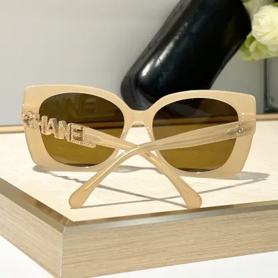 CHANEL square frame glasses khaki color SIZE 53-17-140