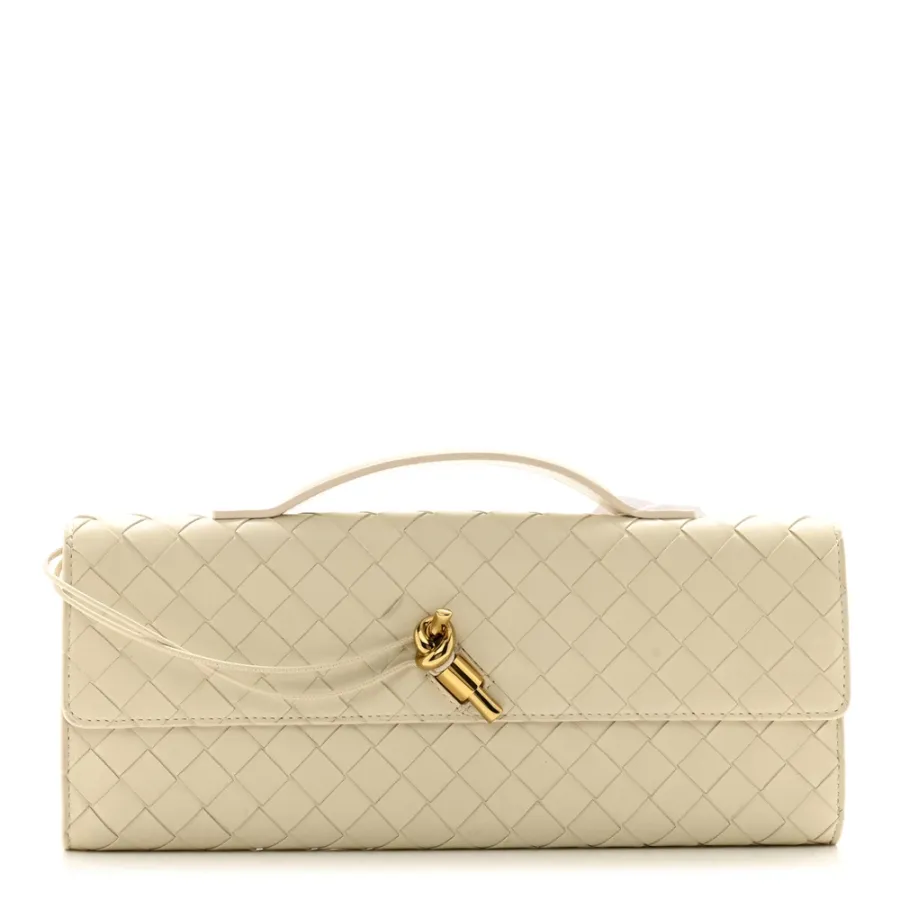 Bottega Veneta Medium Intrecciato Long Andiamo Top Handle Sea Salt Nappa Leather Gold Hardware
