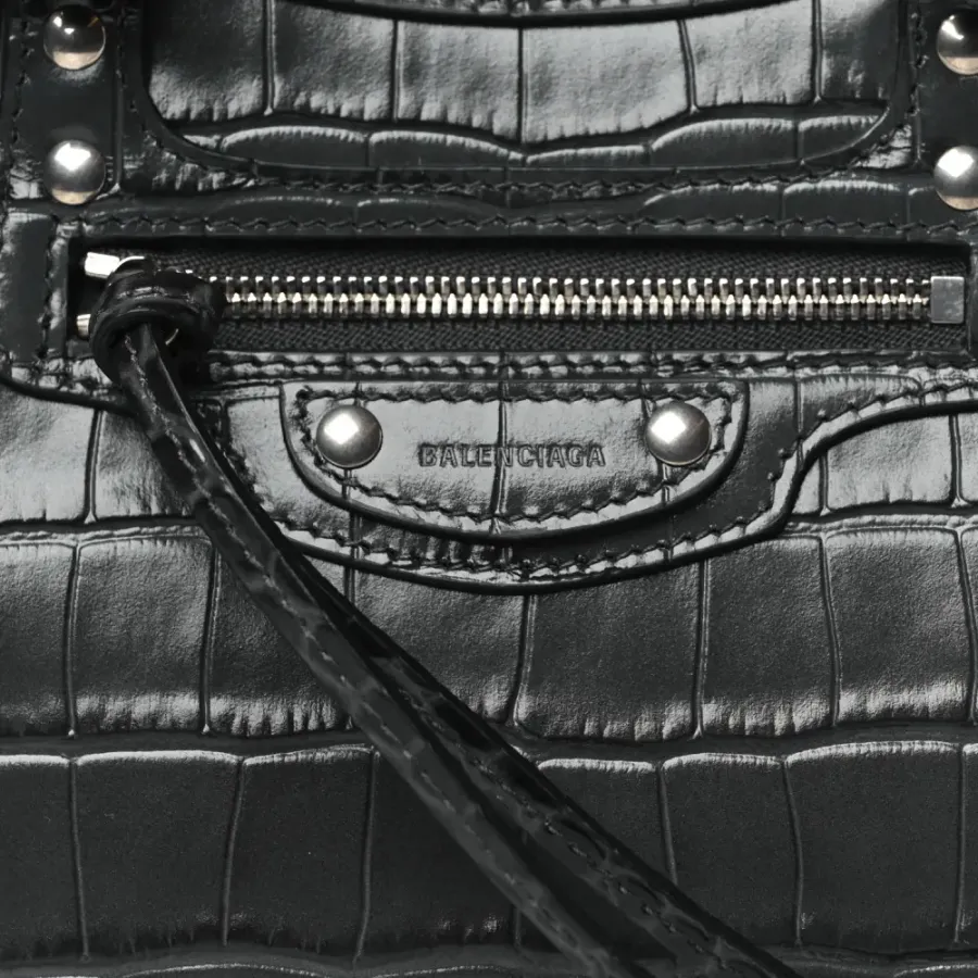 Balenciaga Mini Neo Classic City Bag Dark Grey Crocodile Embossed Calfskin Leather Silver Hardware