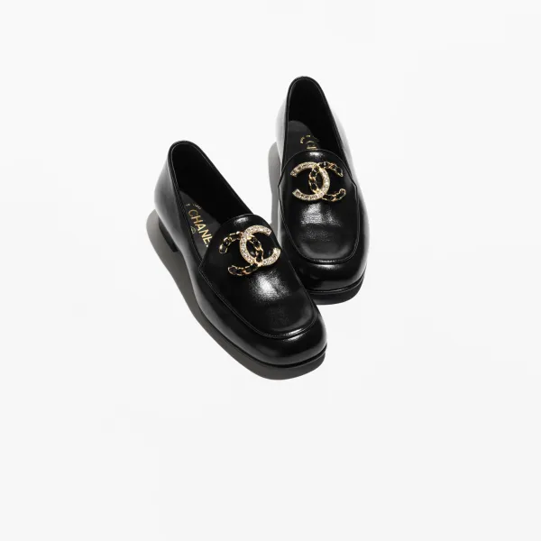 Chanel Black glossy calfskin, rhinestone and metal Loafers - Image 2