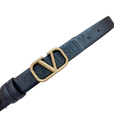 Valentino V Buckle Belt In Black Monogram Logo Calfskin With Gold Hardware 20mm