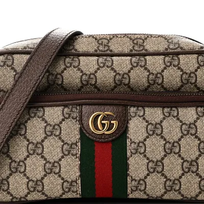 Gucci Small Web Ophidia Messenger Bag Beige / Ebony / New Acero GG Supreme Monogram Canvas & Calfskin Leather Gold Hardware