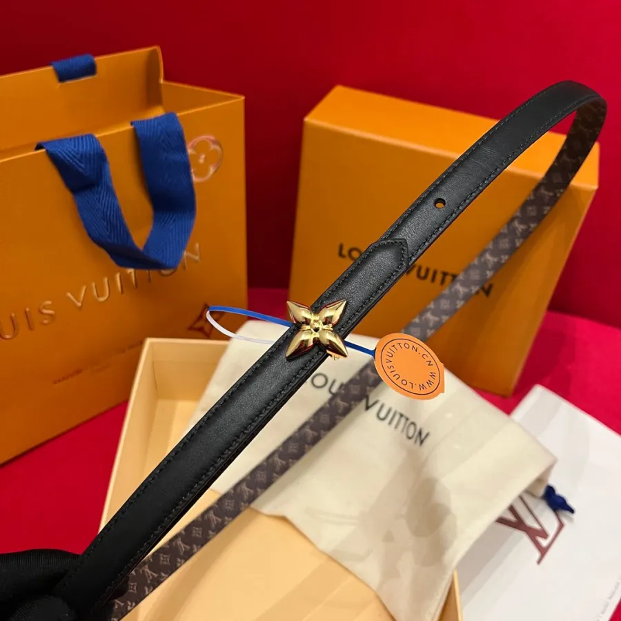 Louis Vuitton Women's Mini Flowergram Reversible Belt In Black Calfskin And Monogram Canvas With Gold/Silver/Pink/Black Hardware 15mm